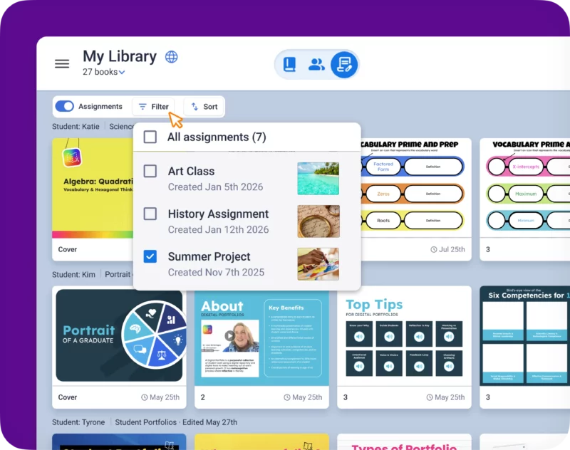 Book Creator Class View showing student books filtered by assignment.