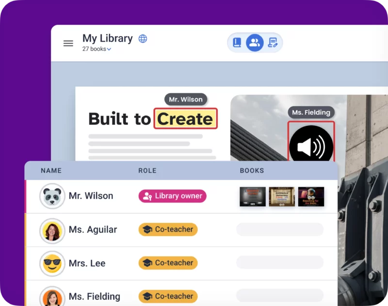 Book Creator library with co-teachers listed and their assigned roles.