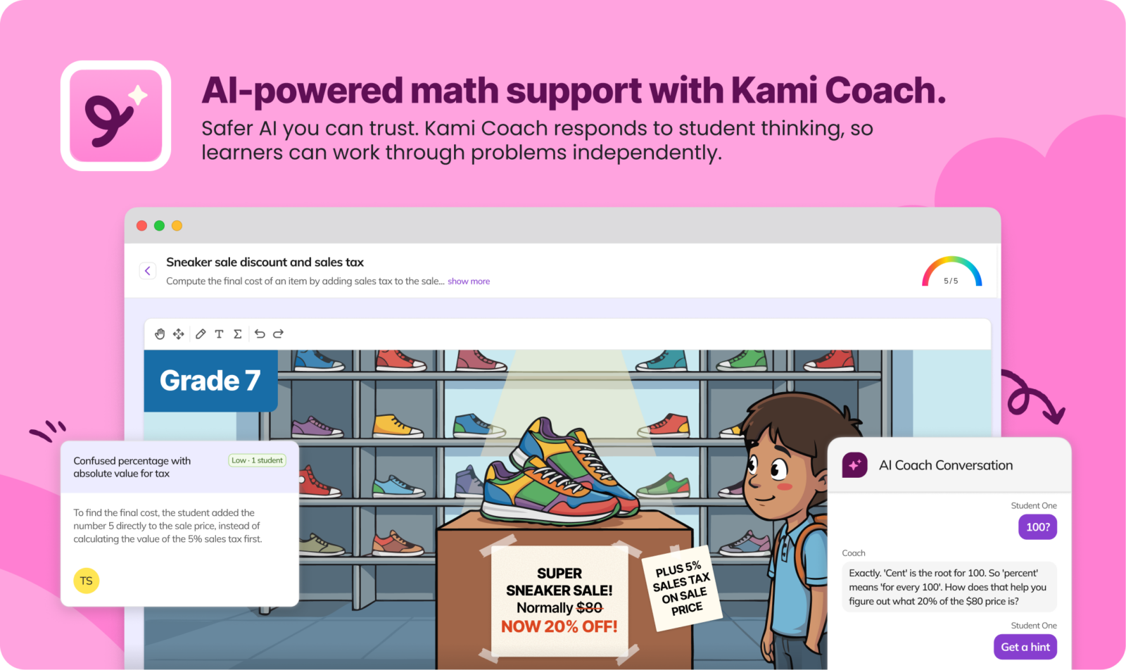 A Kami Coach ,a math formative assessment too, interface showing a Grade 7 math problem with a guided AI chat and targeted learning insights.