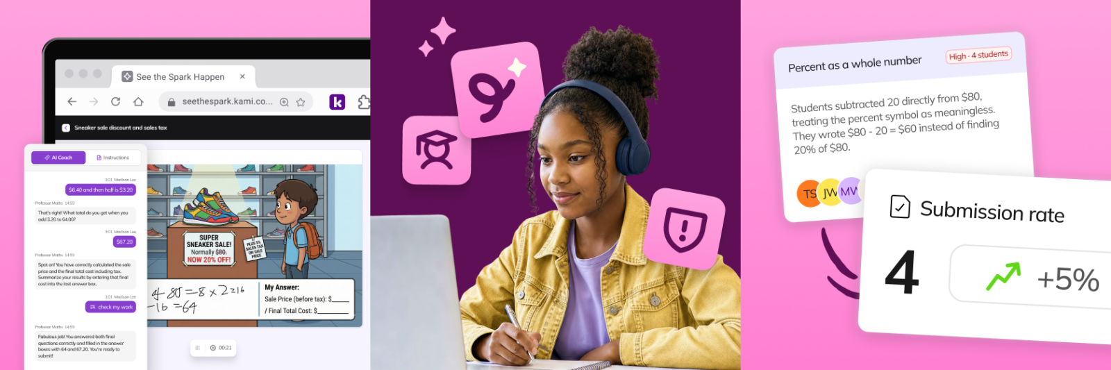 A student works on a laptop next to views of a digital math activity and learning analytics.