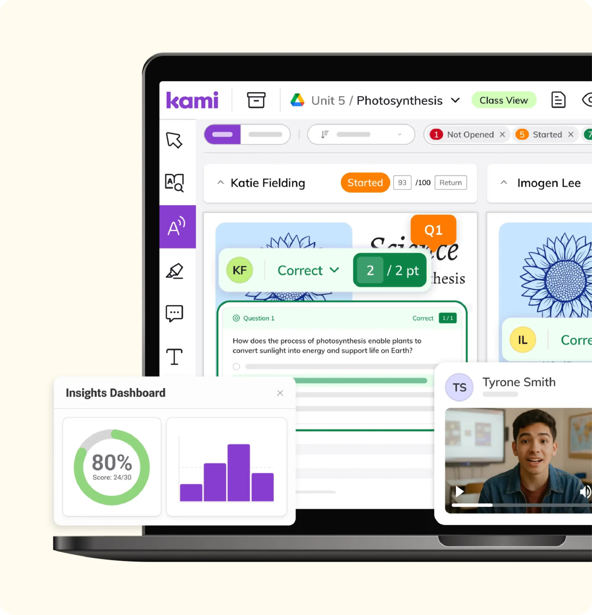 Kami Class View showing student progress, grading, and an insights dashboard.