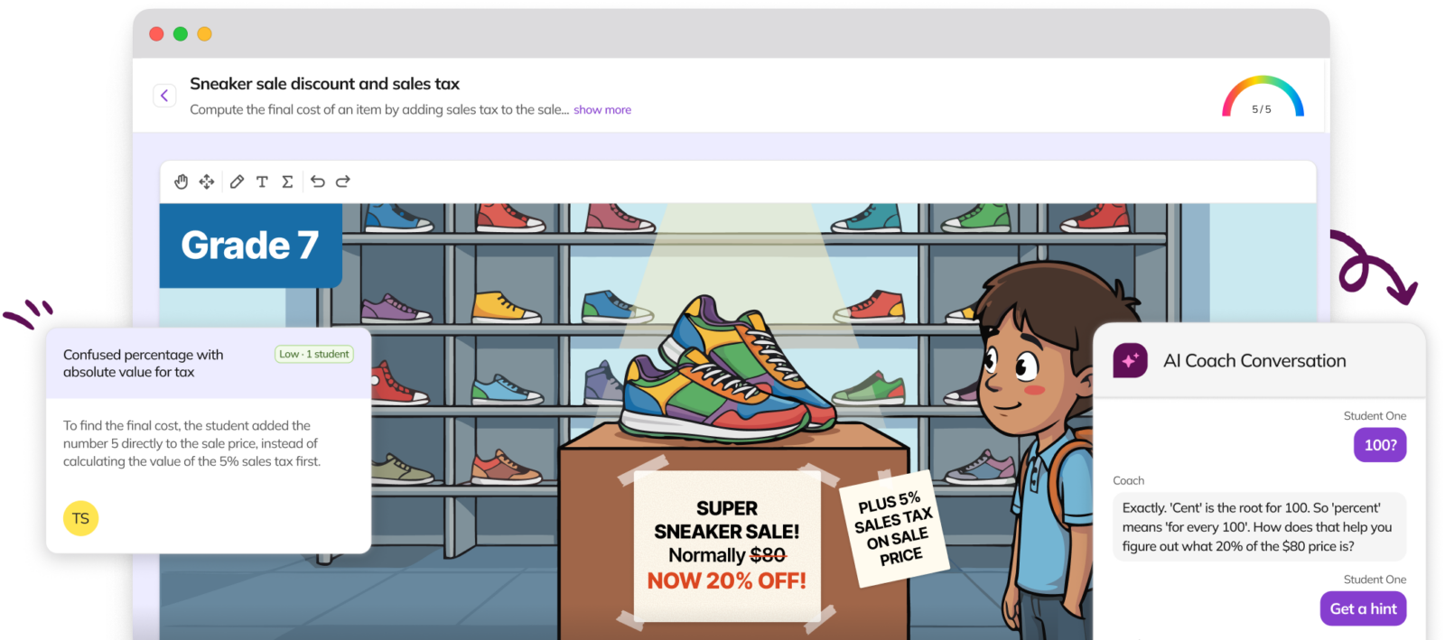 Screenshot-style graphic of a Grade 7 math problem about a “Super Sneaker Sale” showing colorful sneakers on a display table in a shoe store; a student stands at right while feedback bubbles and an “AI Coach Conversation” chat panel appear over the scene, explaining a discount and 5% sales tax calculation.