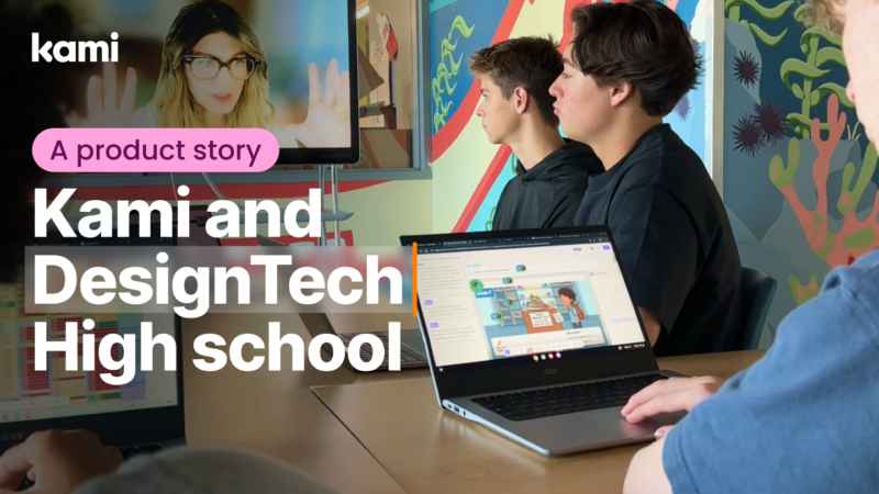 DesignTech High school students work on laptops during a digital lesson with a teacher on display.