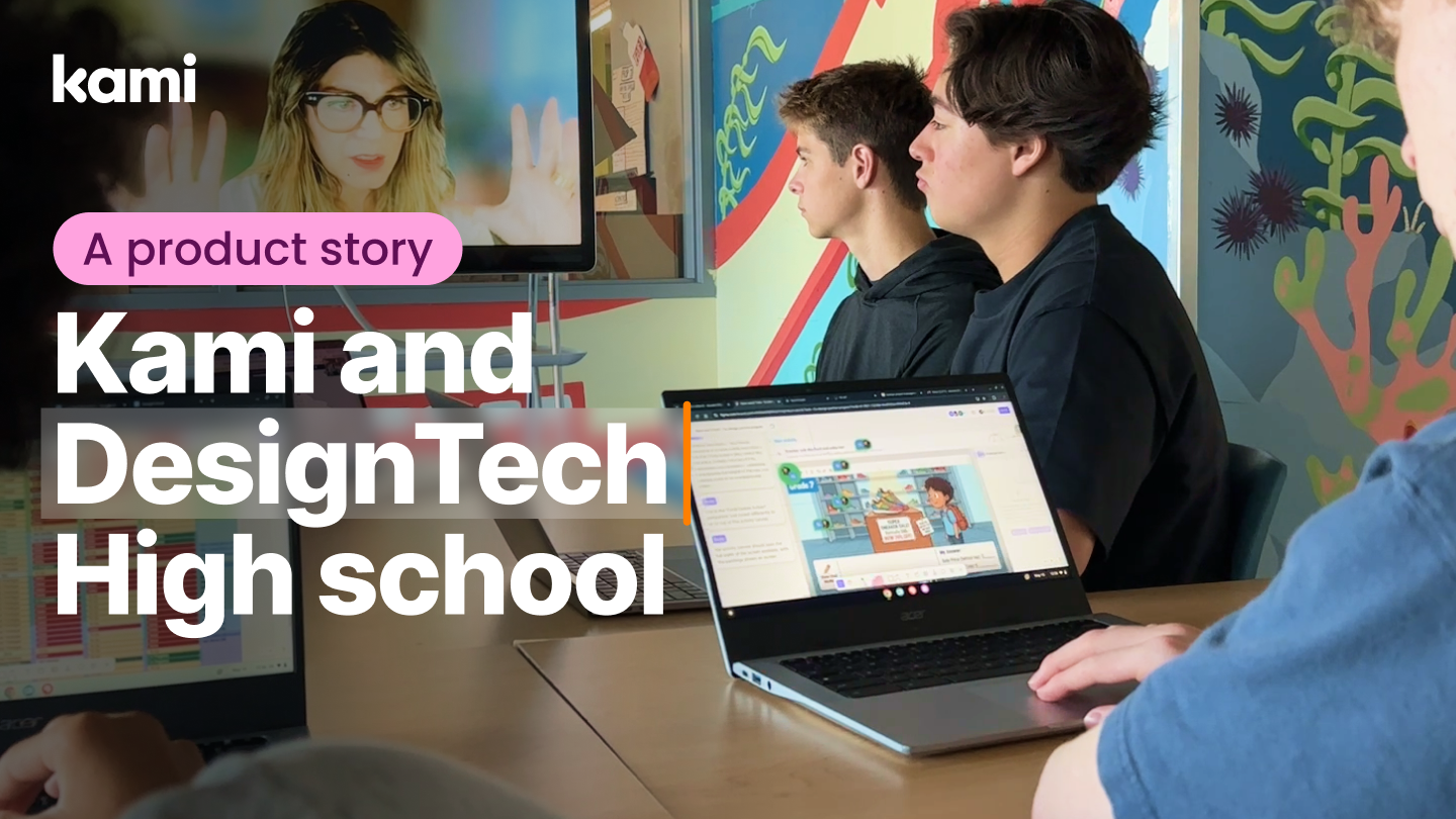 DesignTech High school students work on laptops during a digital lesson with a teacher on display.