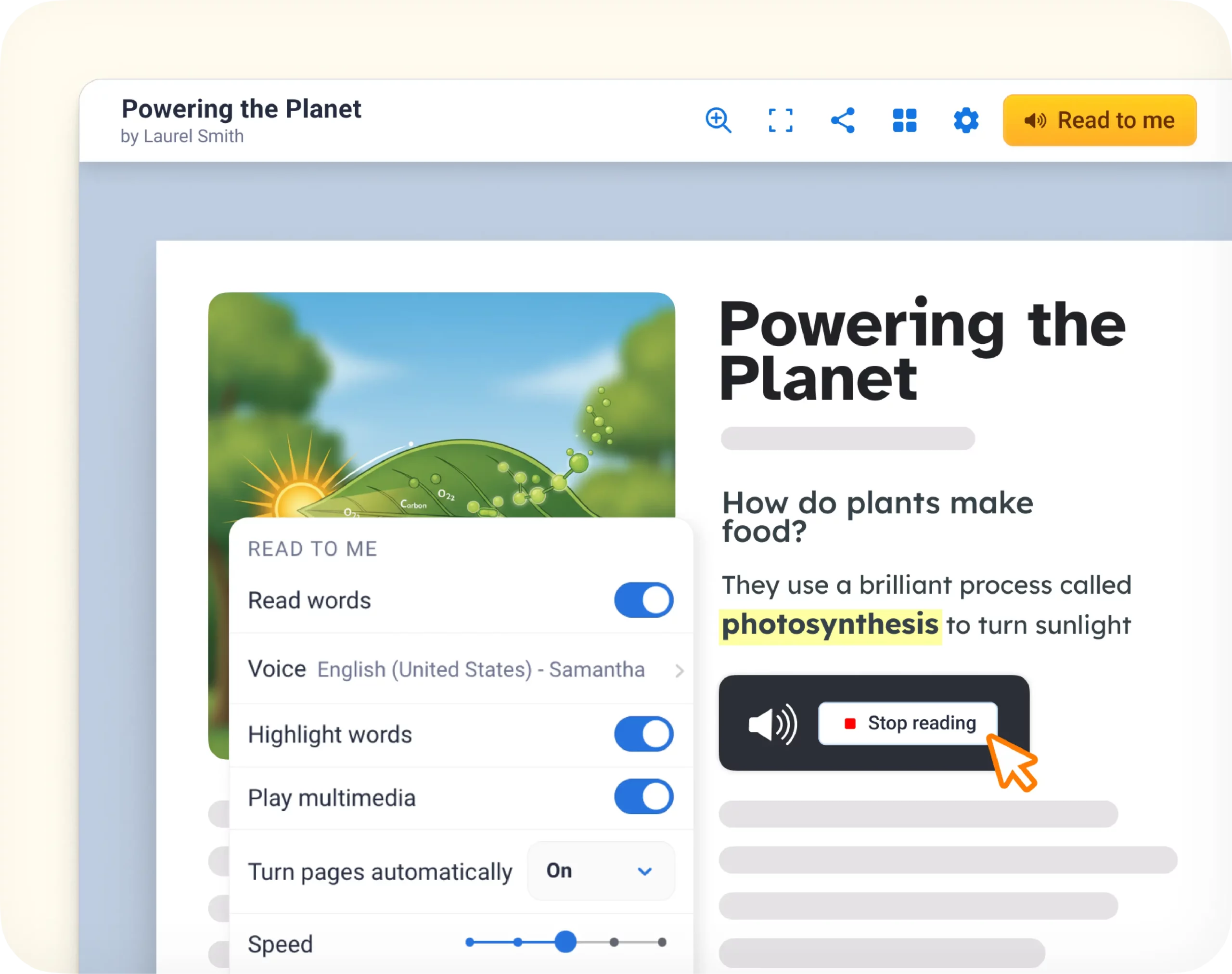 Book Creator Read to Me settings open on a book, with text being read and highlighted.