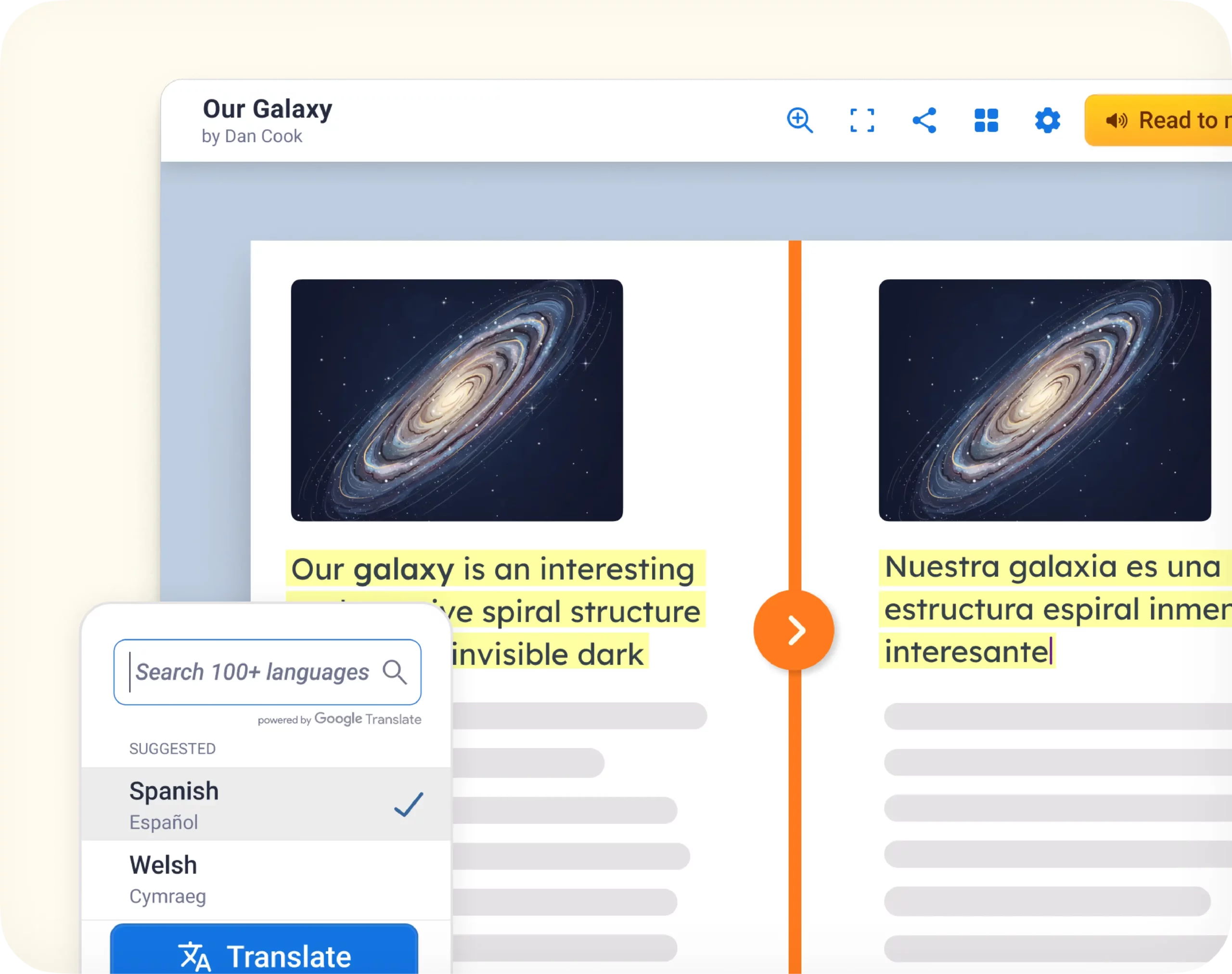 Book Creator translating a book page from English into Spanish.