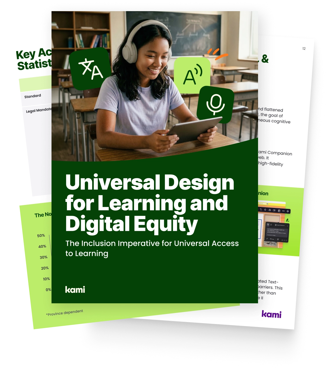 Illustration of a student wearing headphones and using a tablet in a classroom, with icons for translation, audio playback, and speech-to-text, alongside the cover of Kami's 'Universal Design for Learning and Digital Equity' white paper to support digital accessibility.