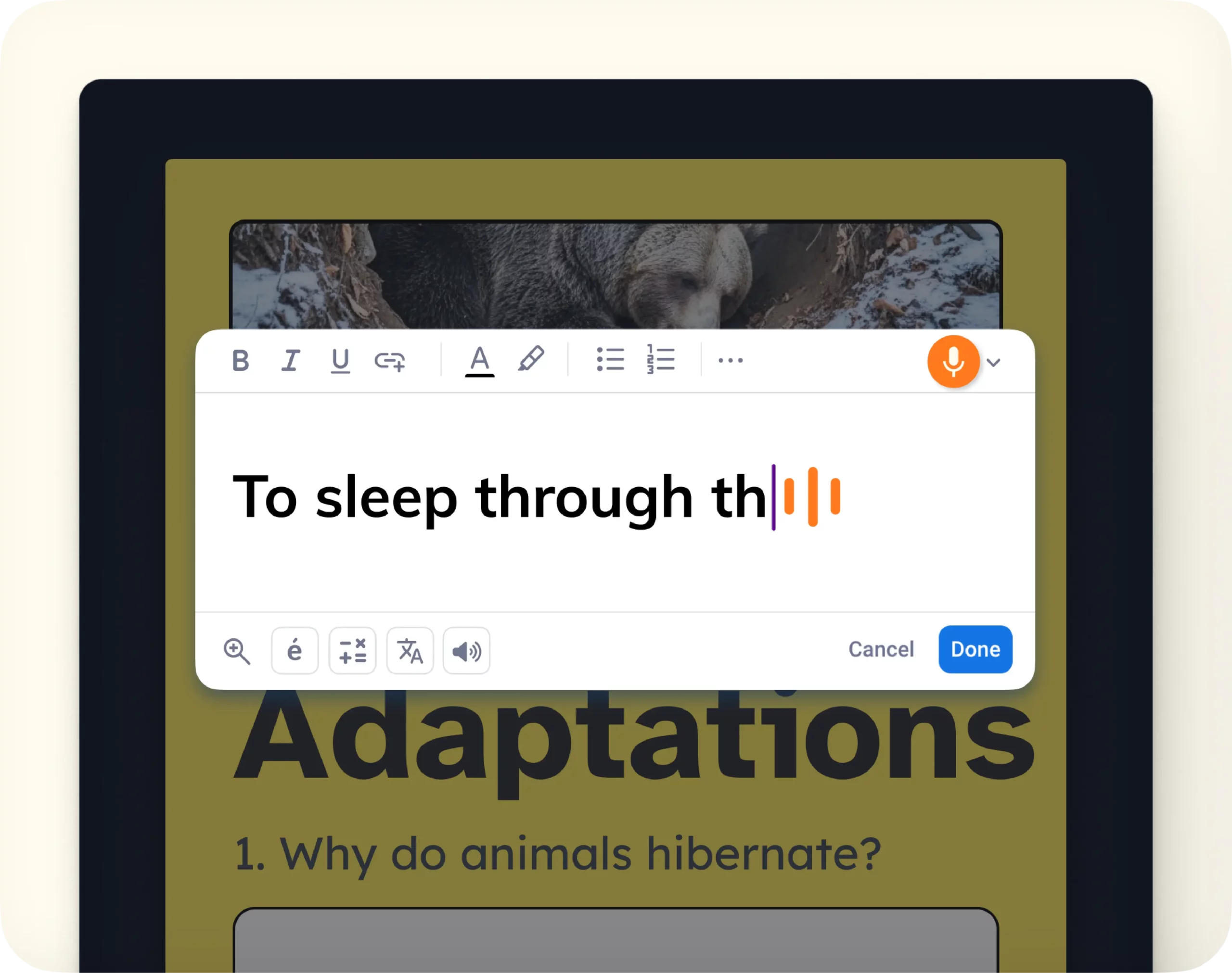 Book Creator Voice typing turning spoken words into text in a book.