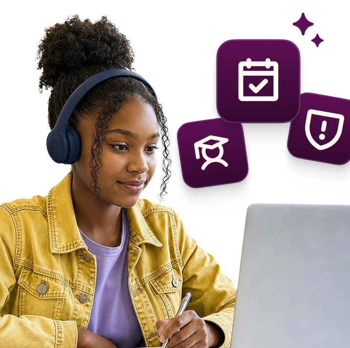 A student wearing blue headphones and a yellow jacket studies at a laptop while writing with a pen; three floating purple icons (calendar with a checkmark, graduation cap, and shield with an exclamation mark) appear beside them.