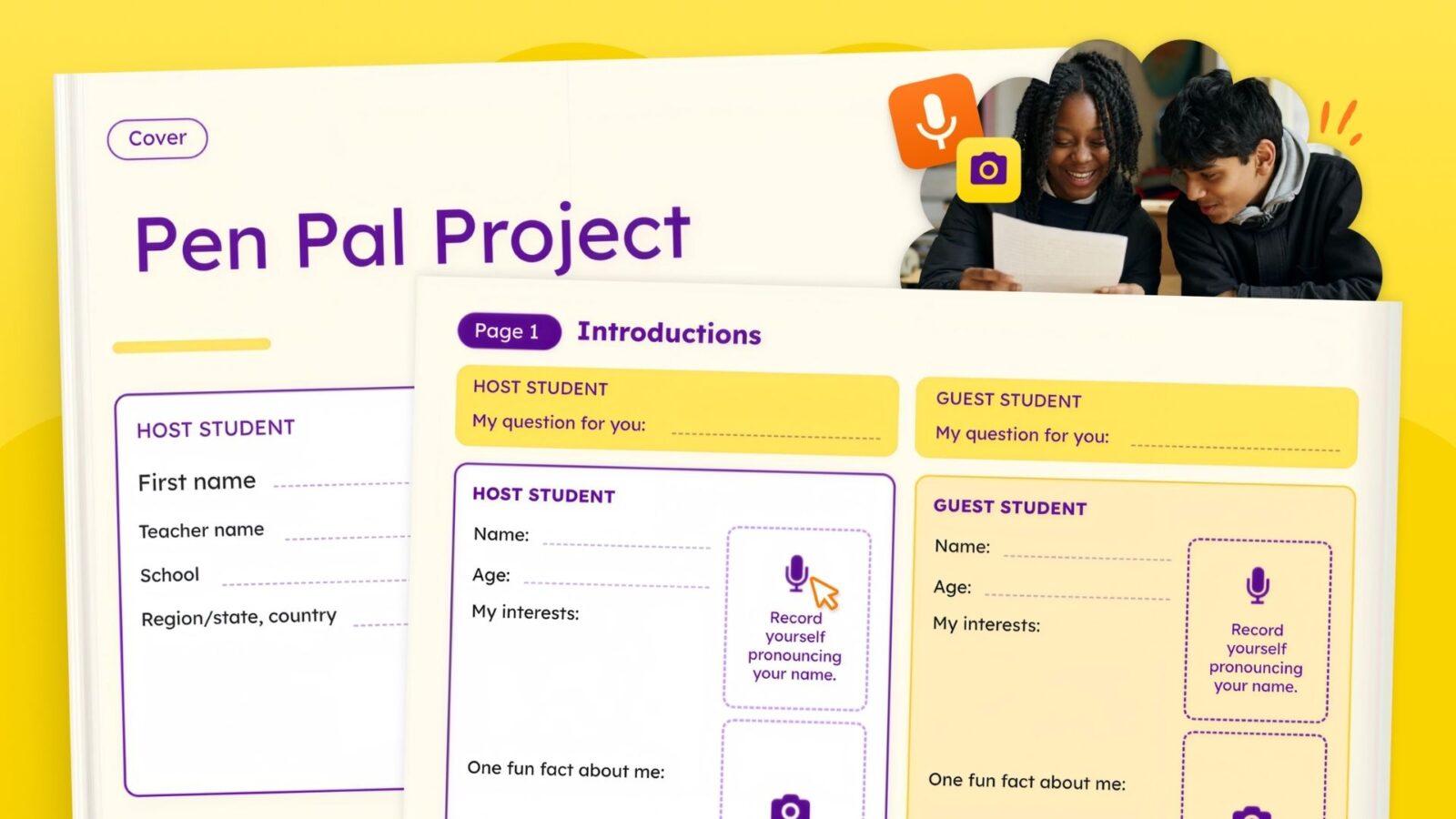 Pen Pal Project template open to an introductions page with host and guest student fields and record-your-name prompts.