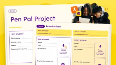 Pen Pal Project template open to an introductions page with host and guest student fields and record-your-name prompts.