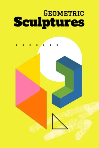 Graphic poster titled 'Geometric Sculptures,' highlighting STEM activities for middle school, featuring colorful 3D geometric shapes including triangles, a block L-shape, and a white circle on a bright yellow background.