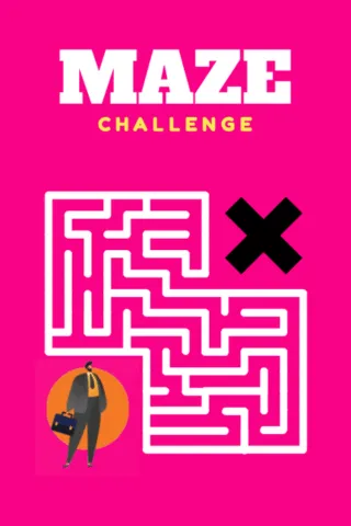 Graphic poster titled 'Maze Challenge,' depicting STEM activities for middle school, showing a white maze graphic next to a black X mark and an illustration of a man carrying a briefcase