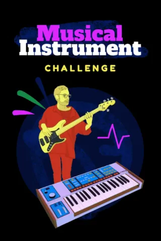 Graphic poster titled 'Musical Instrument Challenge,' depicting STEM activities for middle school, featuring a musician playing a yellow bass guitar standing behind an electric keyboard on a dark blue background.