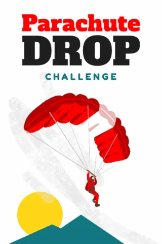 Graphic poster titled 'Parachute Drop Challenge,' representing STEM activities for middle school, illustrating a person in red descending safely with a red parachute above a stylized mountain landscape.