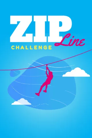 Graphic poster titled 'Zip Line Challenge,' highlighting STEM activities for middle school, showing a pink silhouette of a person sliding down a zip line wire against a sky-blue background with clouds.
