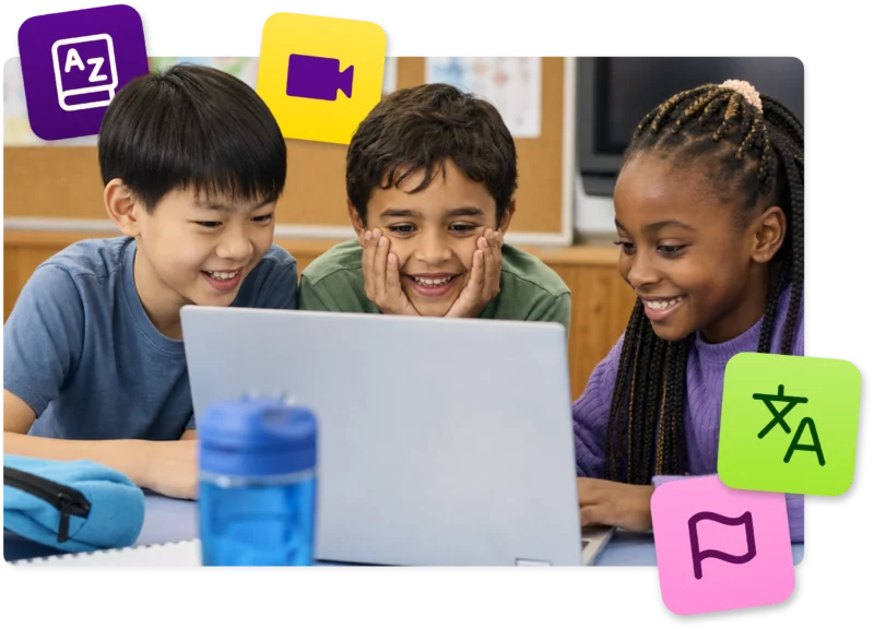 Three students smiling at a laptop together, with Kami App, Book Creator, Kami Companion, and Kami Coach icons for dictionary, video, translate, and flag around the frame.
