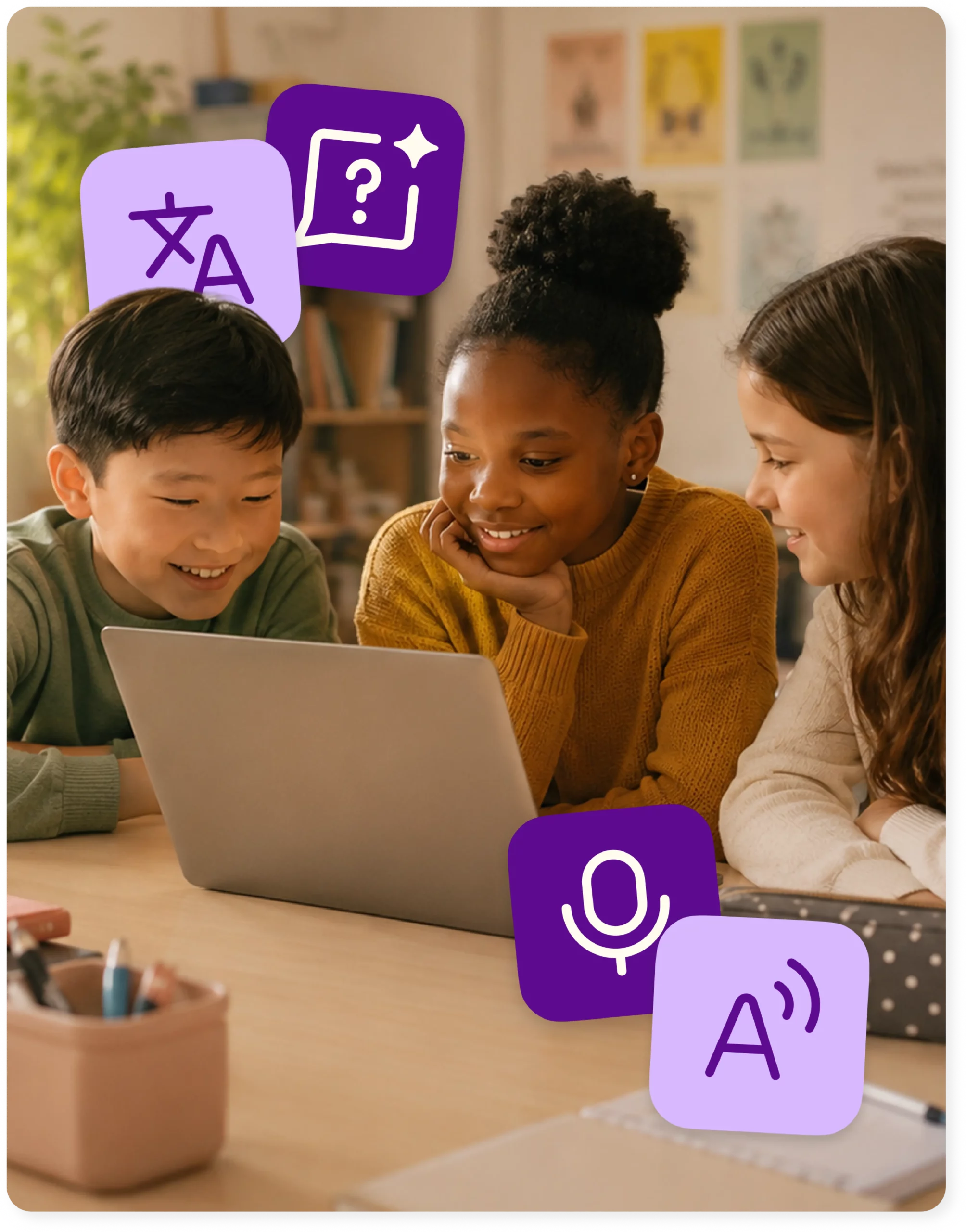 Three elementary students gathered around a laptop, smiling, with Kami App icons for Translate, Explain, Voice typing, and Read aloud floating around them.