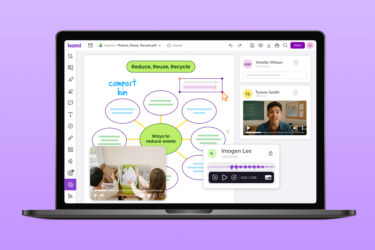 Screenshot of Kami's Add Media tool showing an embedded video within a "Ways to reduce waste" mind map, alongside student comments.