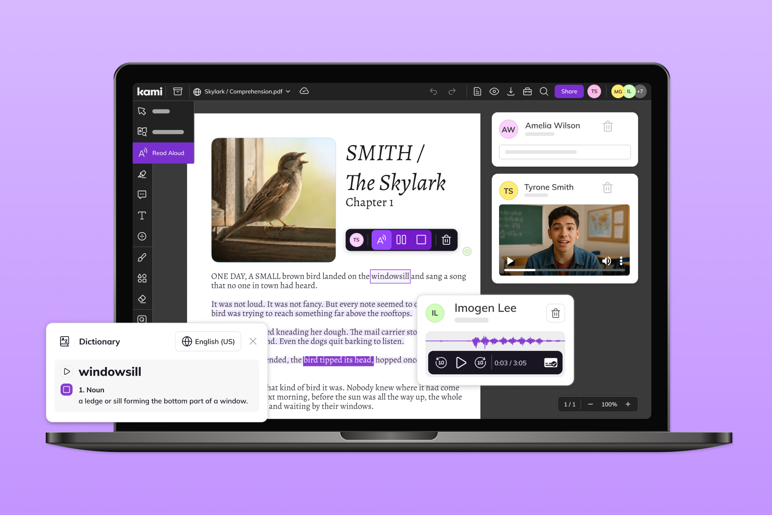 Screenshot of Kami's Read Aloud tool with a dictionary popup, alongside student voice and video comments on a reading passage.