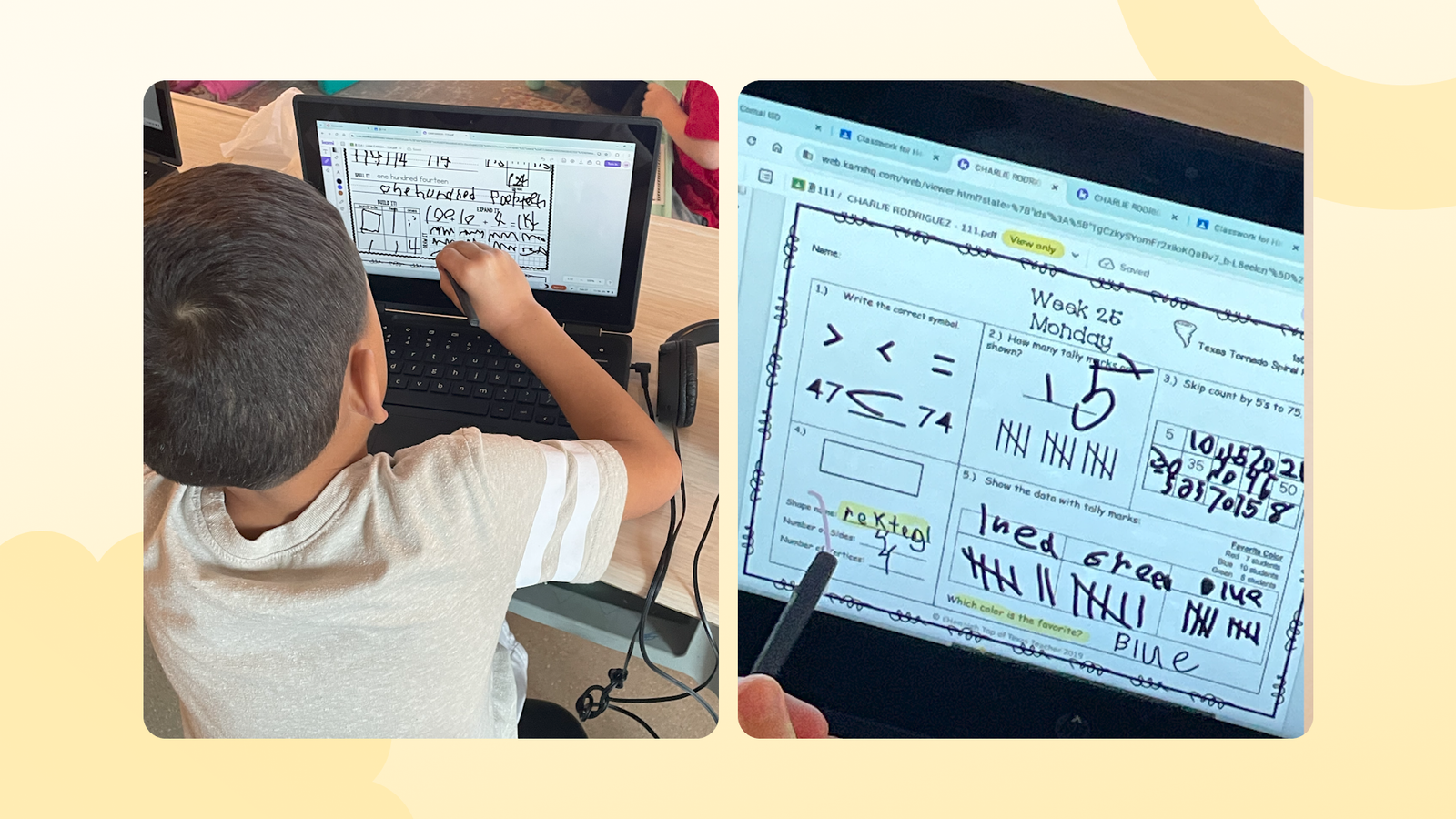 A student using a stylus on a touchscreen laptop to complete a digital math assignment in Kami featured in a Kami Customer Story