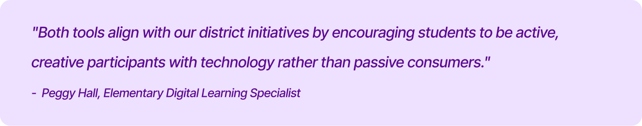 A quote card featuring a statement by Peggy Hall, Elementary Digital Learning Specialist, on active digital learning. For a Kami Customer Story