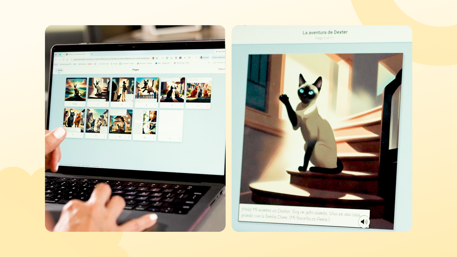 A person creating a digital storybook titled "La aventura de Dexter" in Book Creator, showing page thumbnails and a Siamese cat illustration.