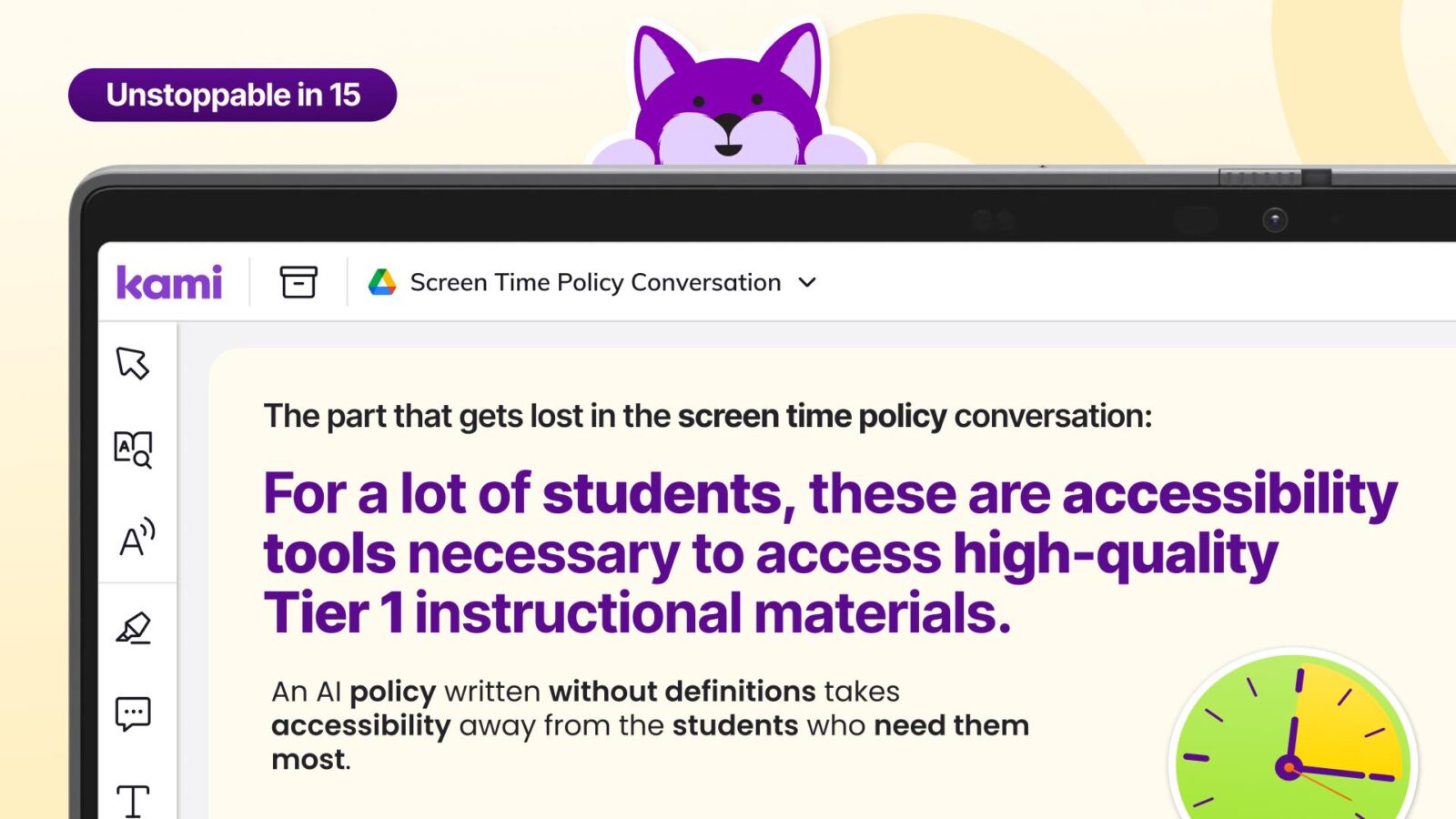 Classroom AI quote card: for many students these are accessibility tools needed to reach Tier 1 instructional materials, and an AI policy without definitions takes them away.