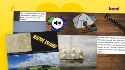 A graphic with pages from a student's final US history project using evidence-based writing.