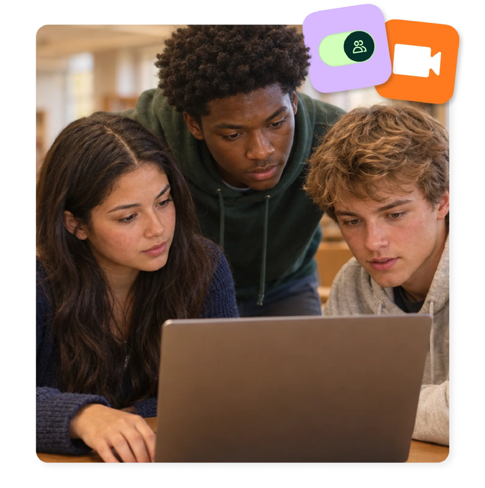 Three students working together on one laptop, with icons for group settings and video
