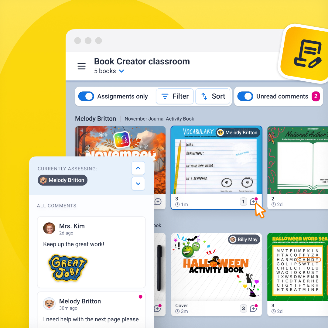Screenshot showing how a teacher can now comment on a book right in Class View in Book Creator