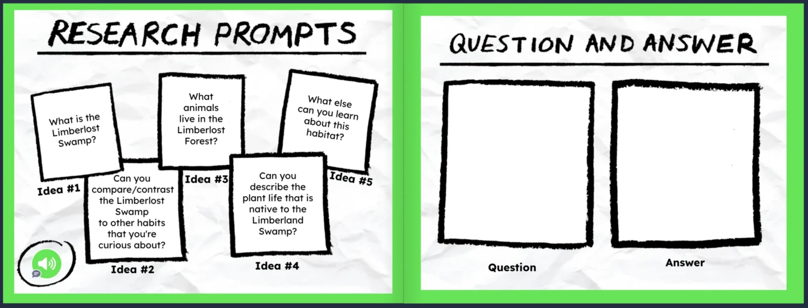 Two page spread of classroom conversation questions and a space for student answers.
