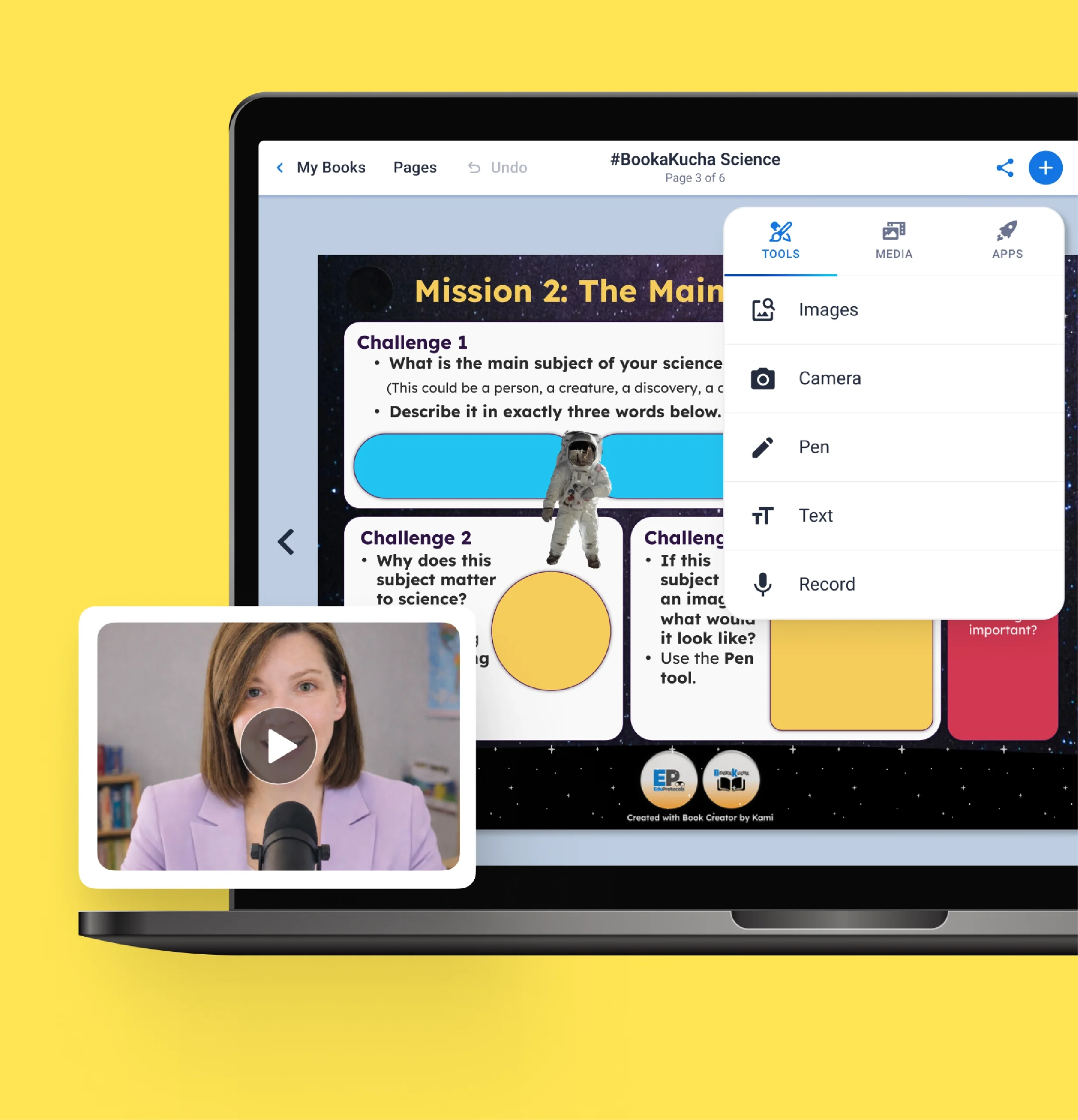 Students build a science book in Book Creator using images, camera, pen, text, and audio tools.