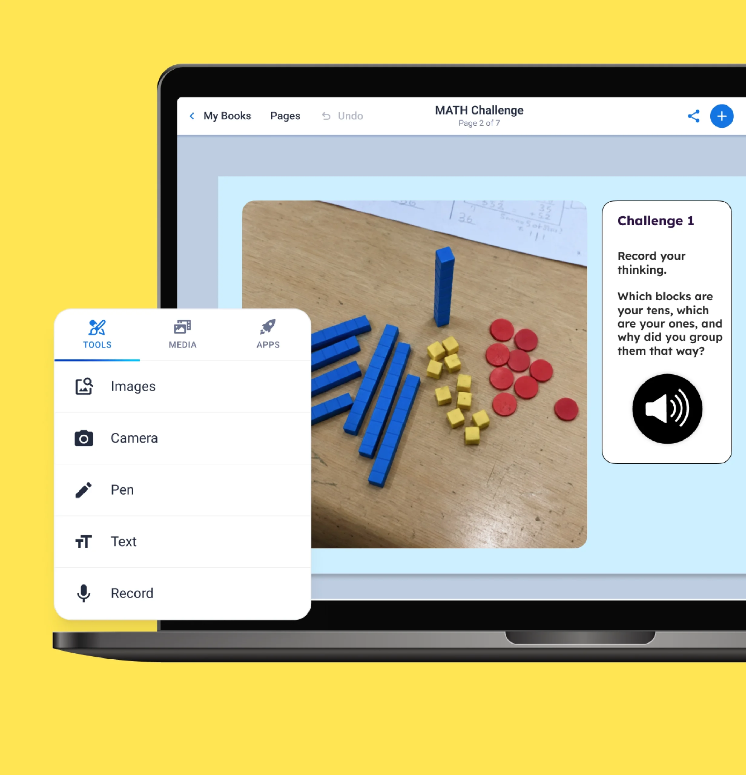 Book Creator asks students to record their thinking about tens and ones blocks to build math fluency.