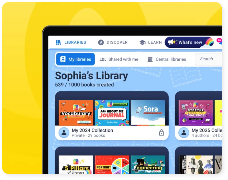 A Book Creator library shows collections of student-made books, from vocabulary notebooks to journals.