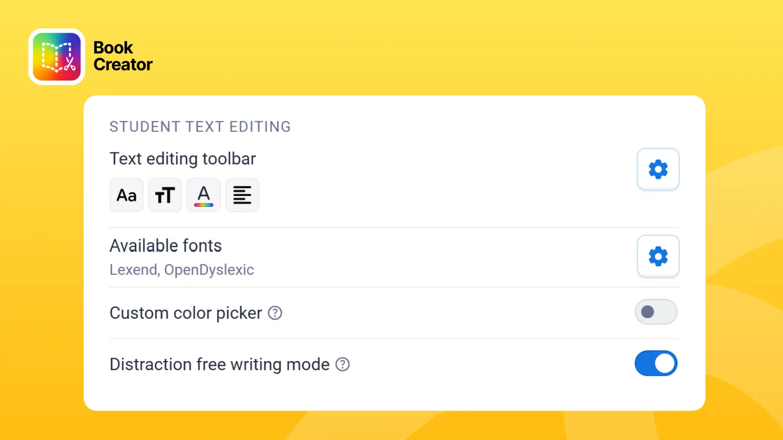 Teachers can control the features of the text toolbar
