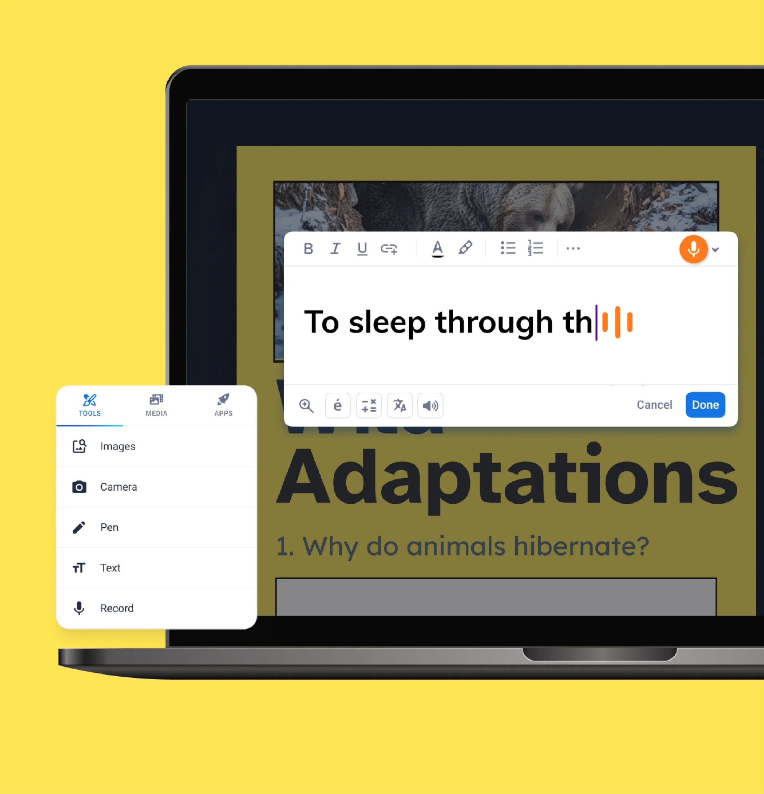 Book Creator voice typing lets a student answer a reading question aloud to build reading fluency.