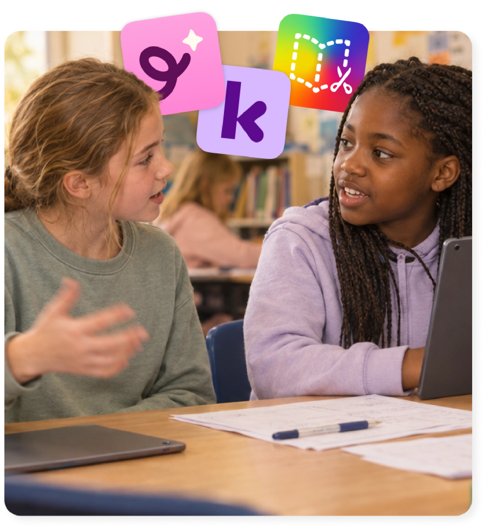 Two students discuss a math problem, building math fluency with Kami Coach, Kami App, and Book Creator.