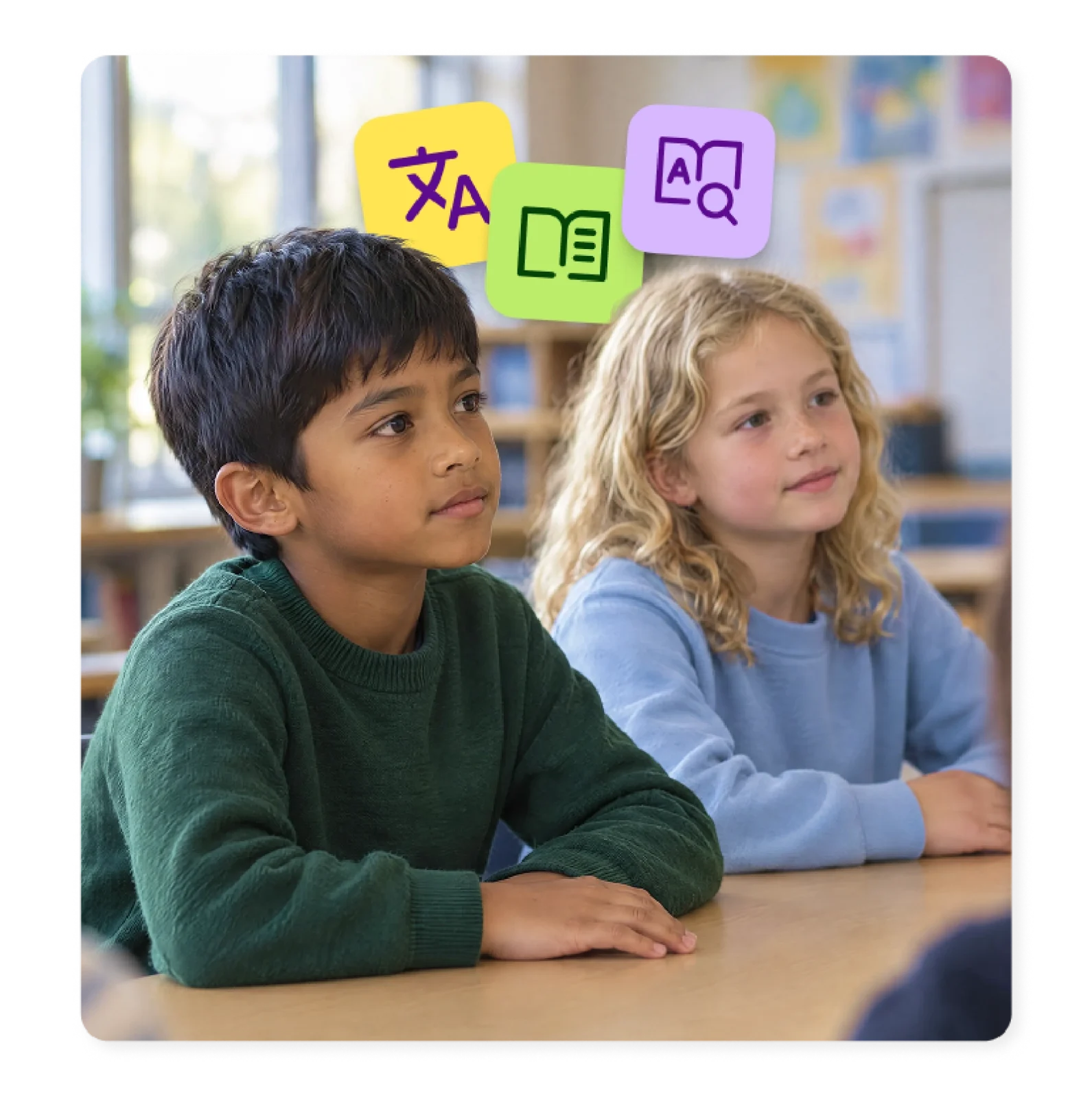 Elementary English language learners listen in class with translation and dictionary tools.