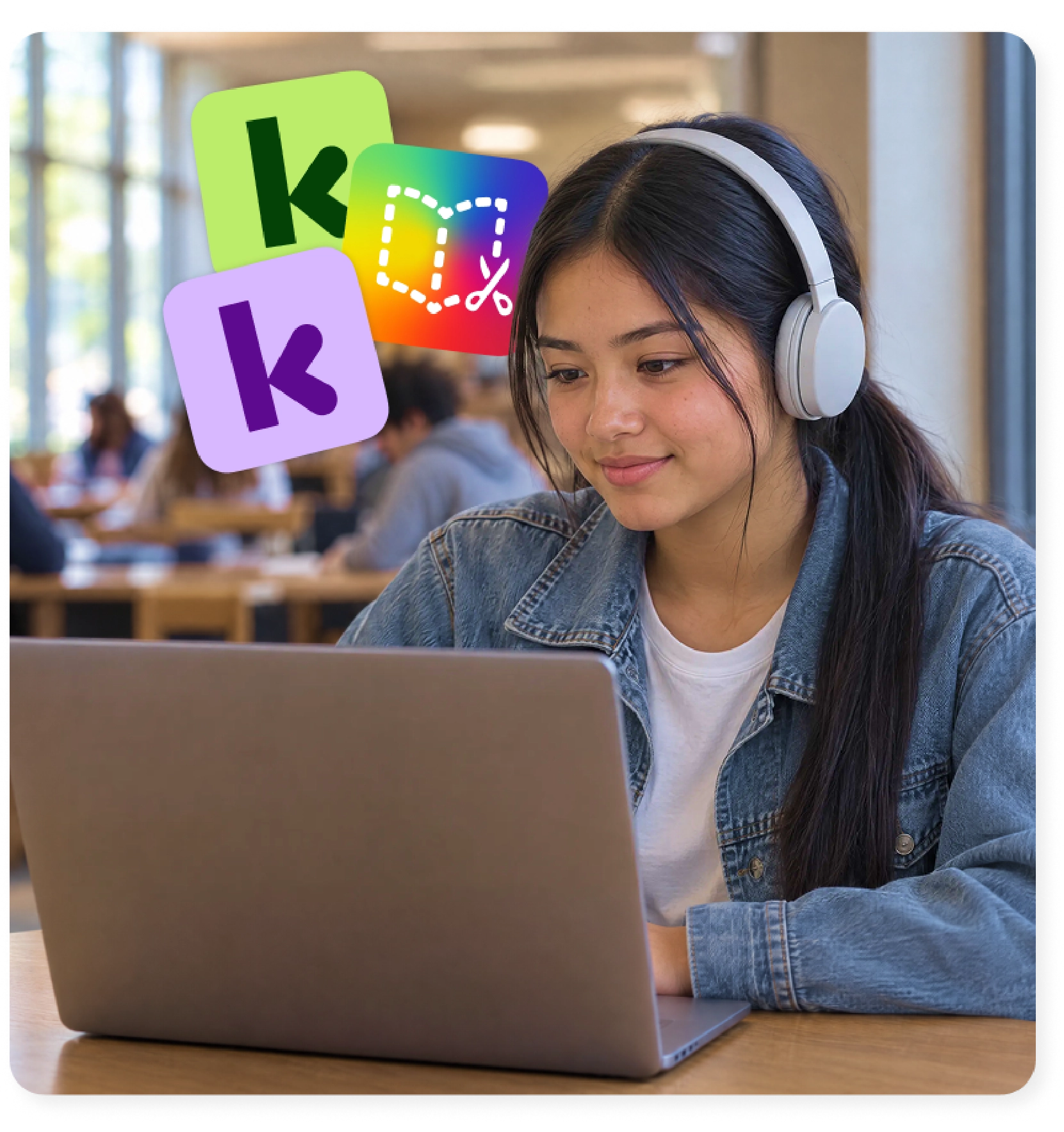 English language learners use Kami App, Kami Companion, and Book Creator on a laptop.