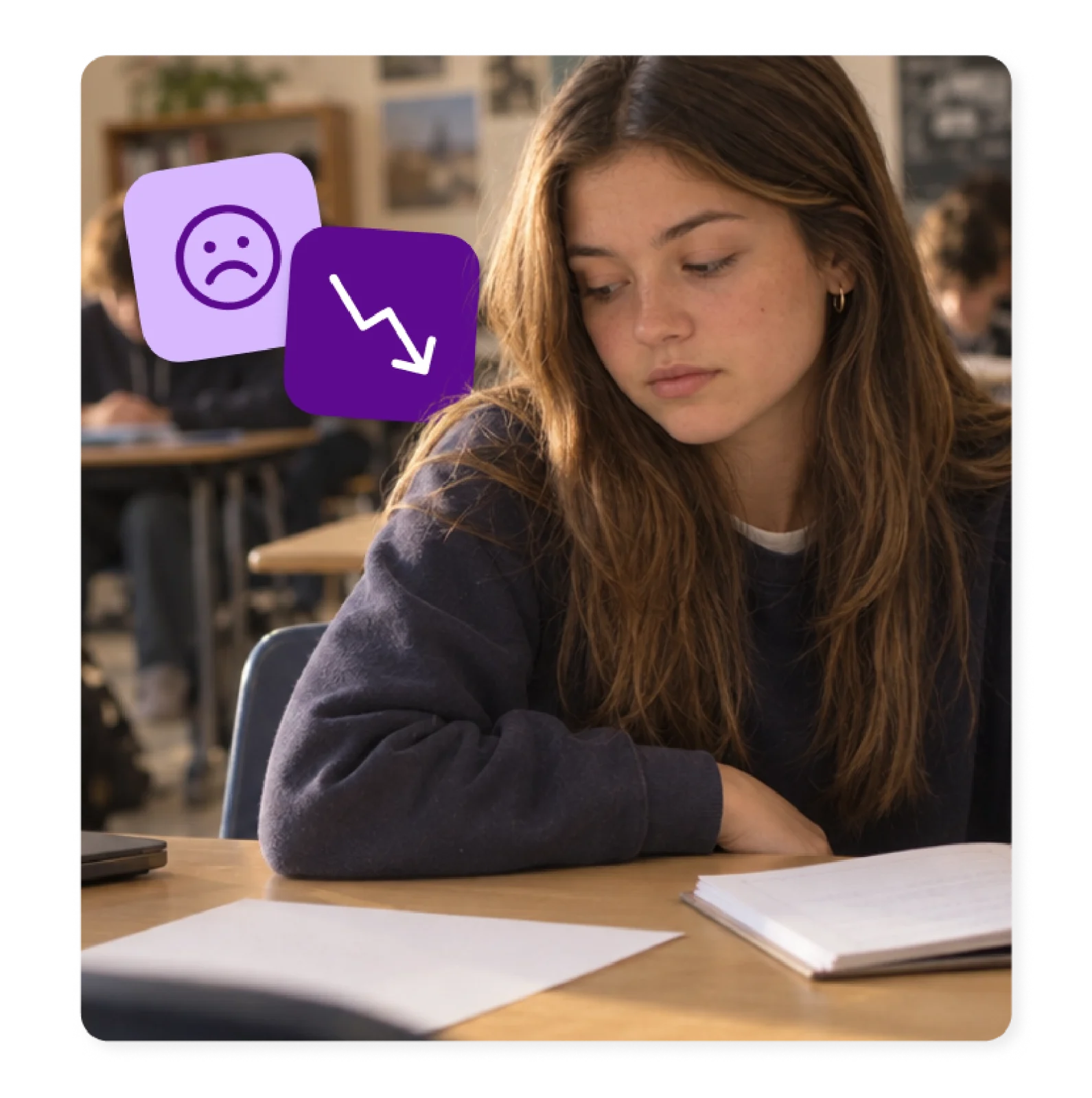 A student reviews her work alone, showing how feedback arrives too late without progress monitoring tools.