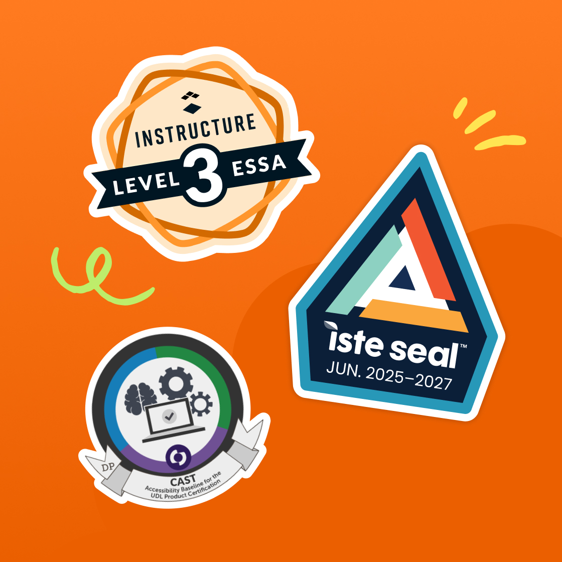 Kami’s evidence-based teaching strategies, validated by the Instructure ESSA Level 3, ISTE Seal, and CAST UDL badges
