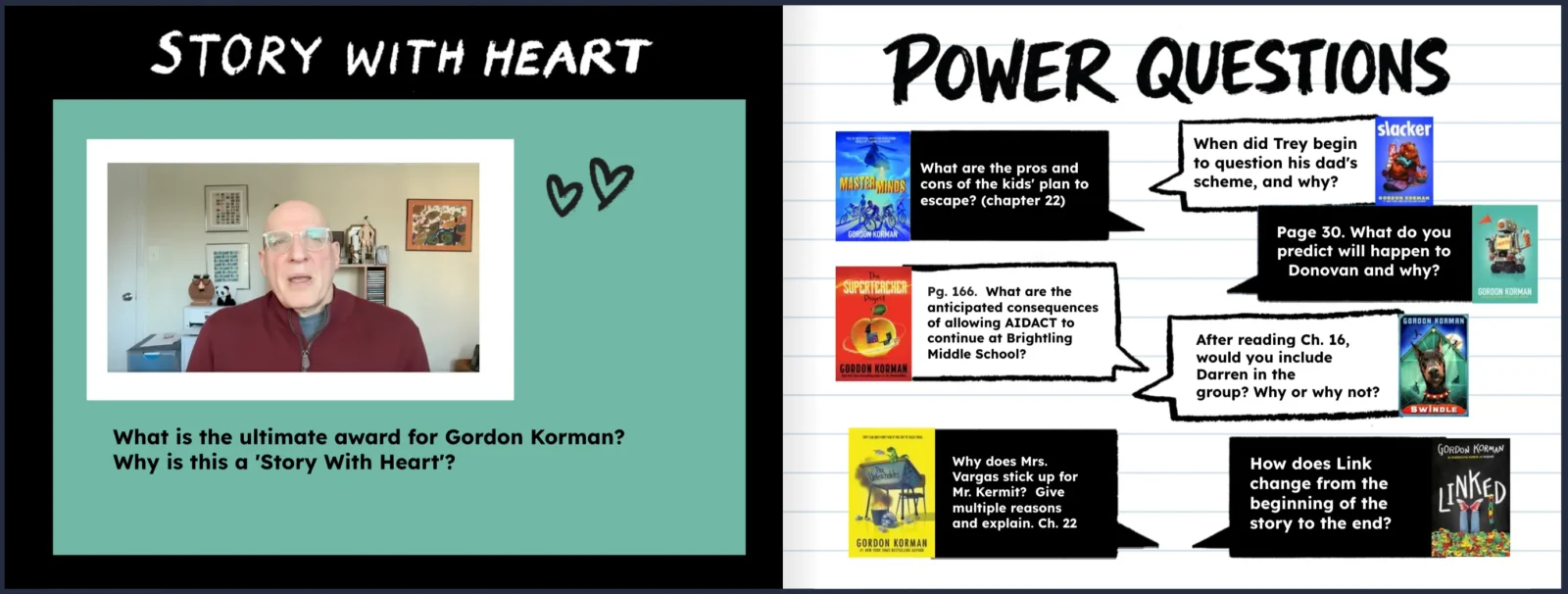 Two page spread of a live video interview and question prompts from books.