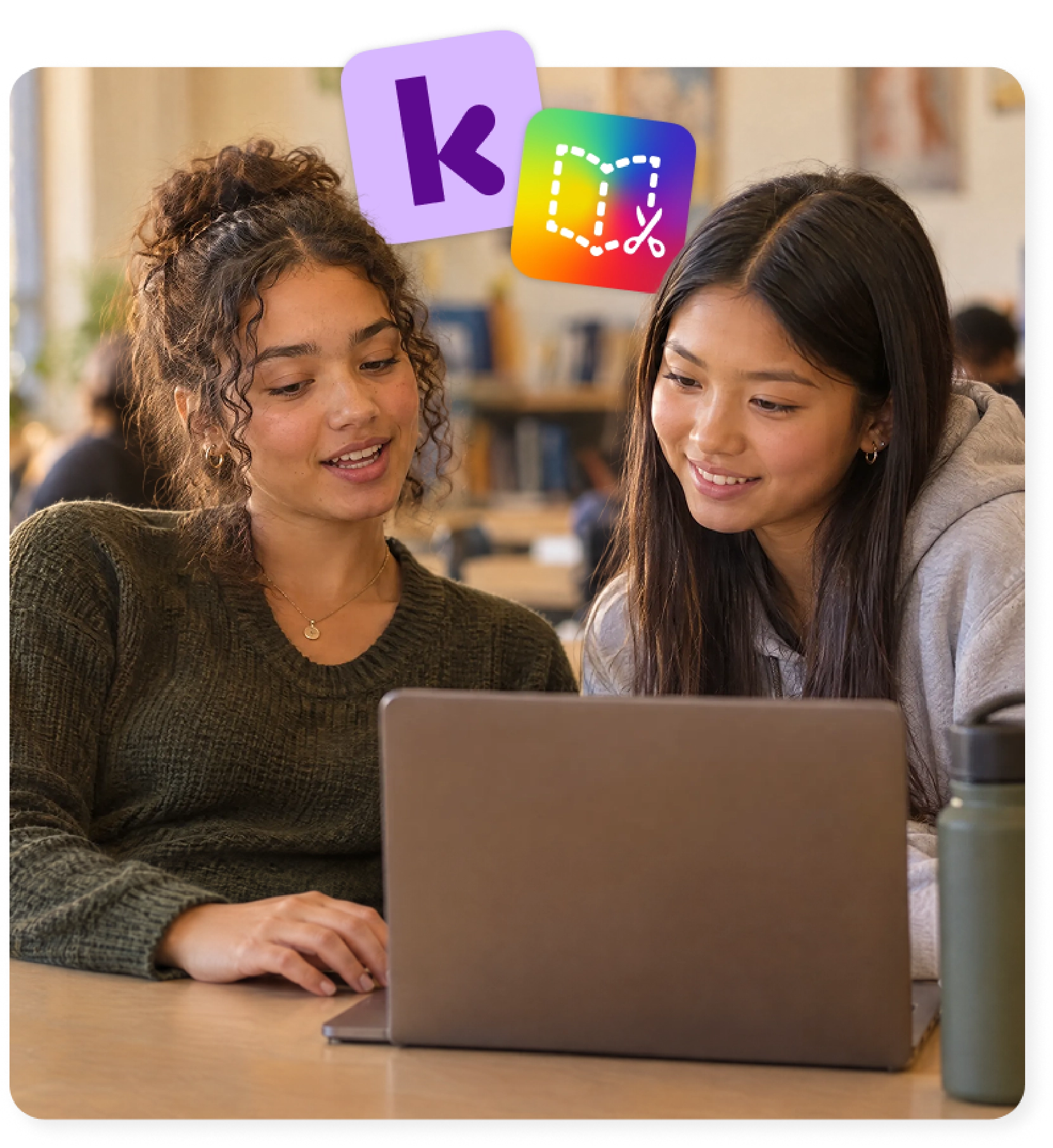 Two students work on a laptop with Kami App and Book Creator, an AI grading tool for teachers.
