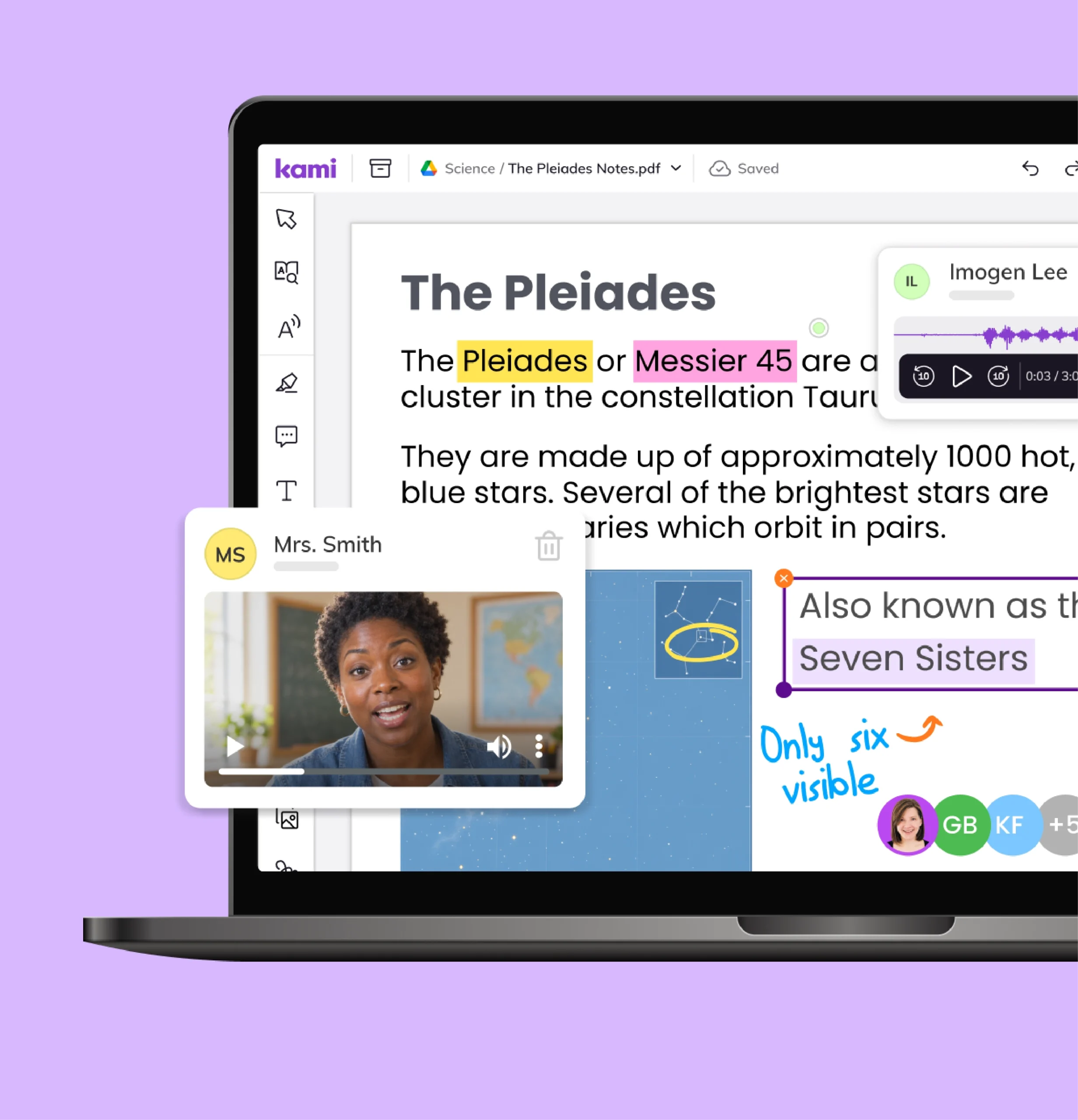 Kami App lets students annotate a shared science document with video and voice comments for accessible learning.