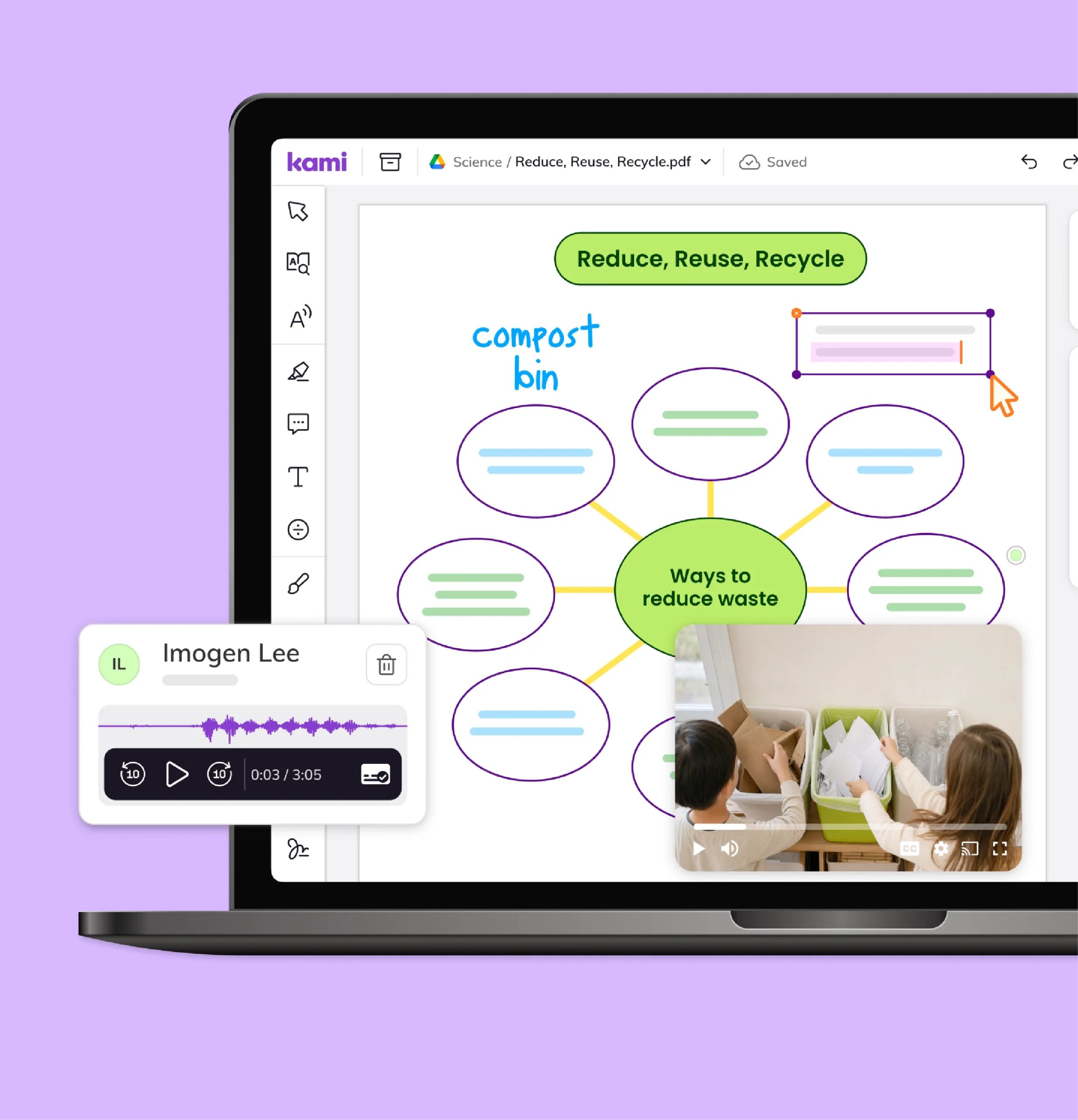 Students build a shared mind map on reducing waste in Kami App, with video and voice comments.