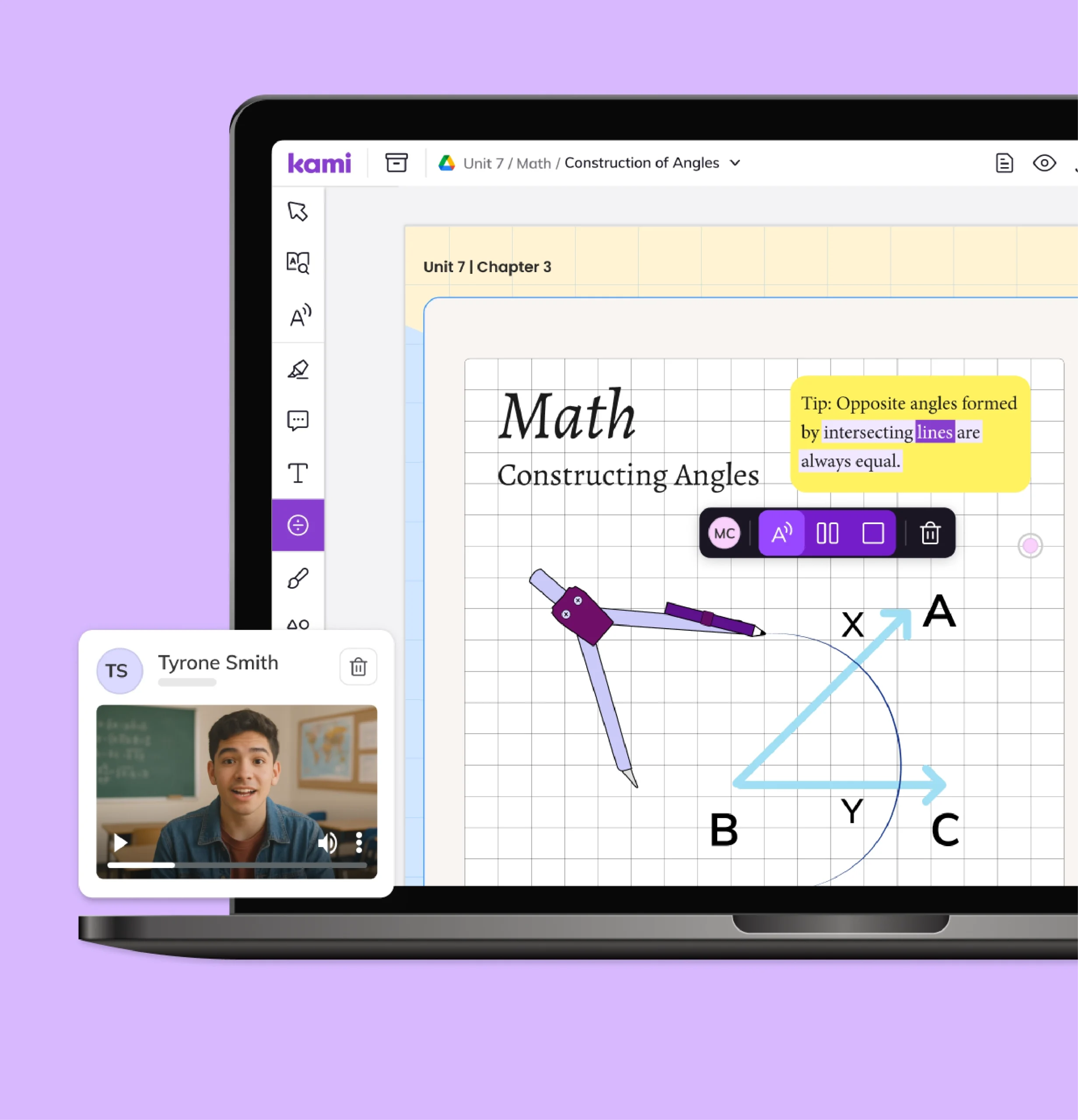 Kami App shows a geometry lesson on constructing angles with a video explanation to build math fluency.