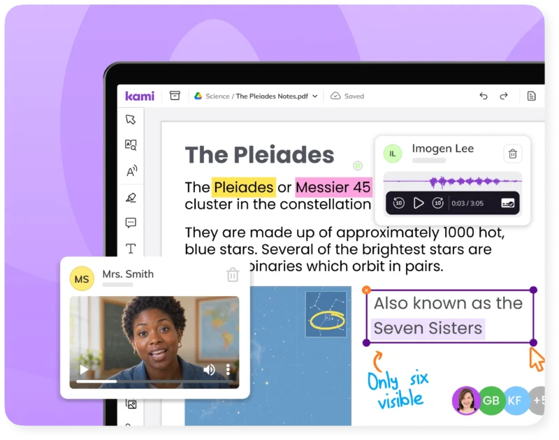 Classmates annotate a science document about the Pleiades in Kami App with highlights, video, and voice comments.