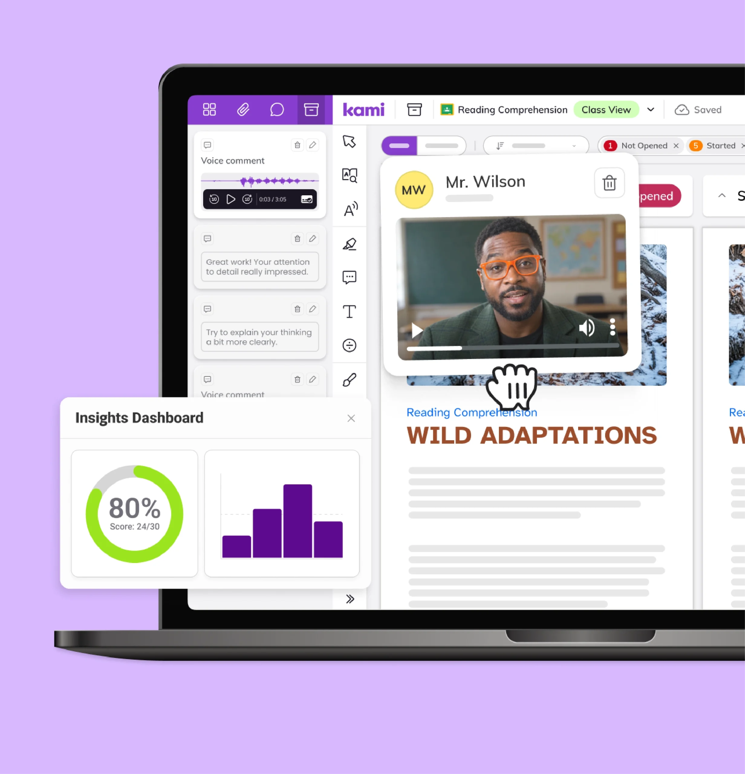 Kami App progress monitoring tools show video and voice feedback alongside an Insights Dashboard score.