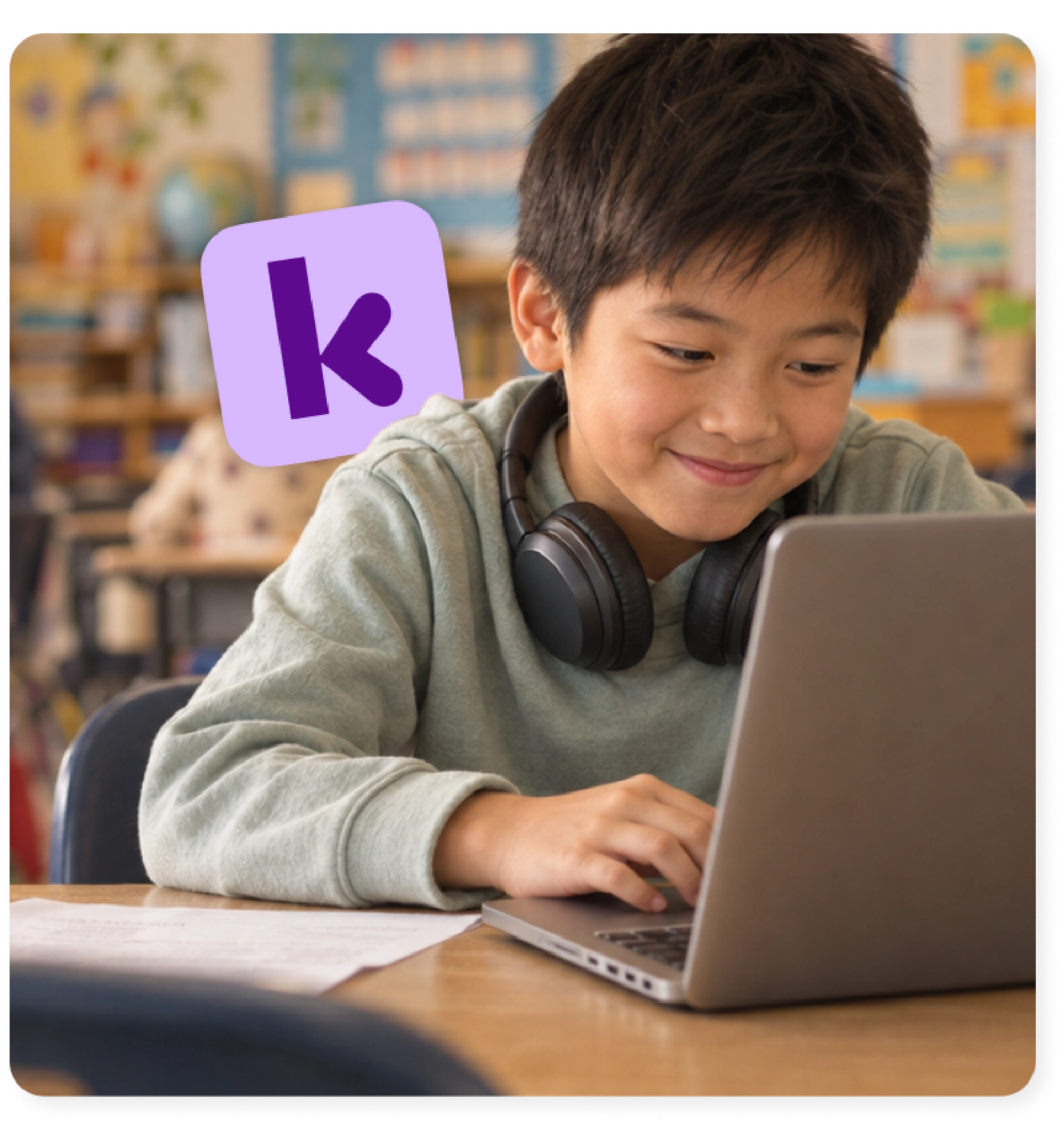 An elementary student works on a laptop while Kami App progress monitoring tools track his learning.